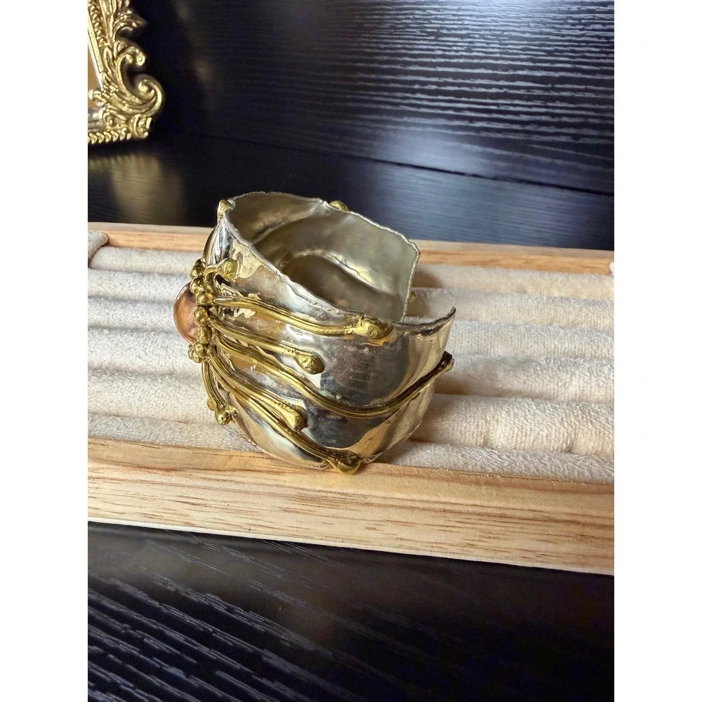 Artisan Mixed Metal Cuff Bracelet Tri-Tone Sunburst Hammered Silver Gold Copper